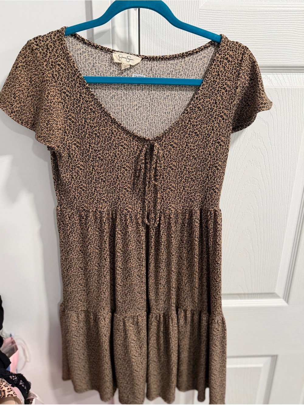 Jessica Simpson Brown Leopard Print Tiered Short Sleeve Dress